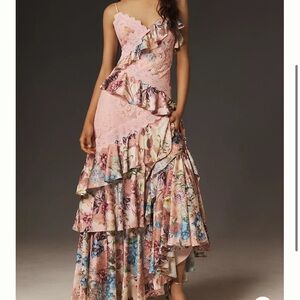 BHLDN Elora Sleeveless V-Neck Ruffle Lace Maxi Dress